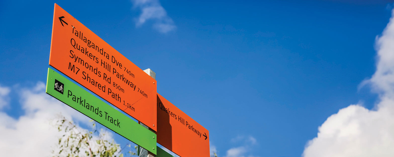 Access signs to Western Sydney Parklands - Quakers Hill Parkway, Sydney.