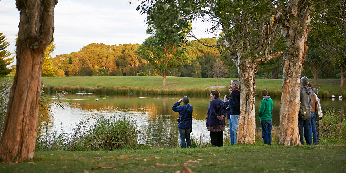 Group of people standing by lake in parklands