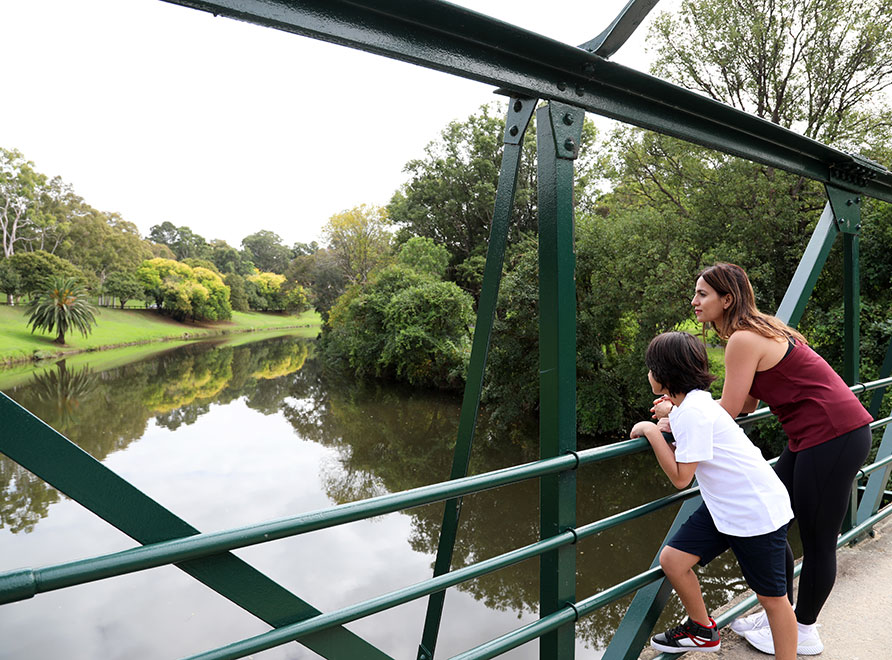 Woman and child on bridge looking over lake