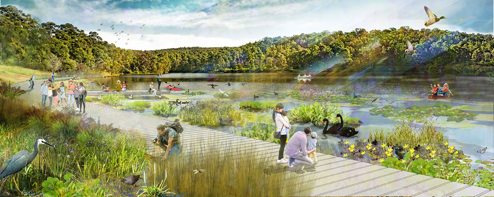 Artist impression of lake with people and birds