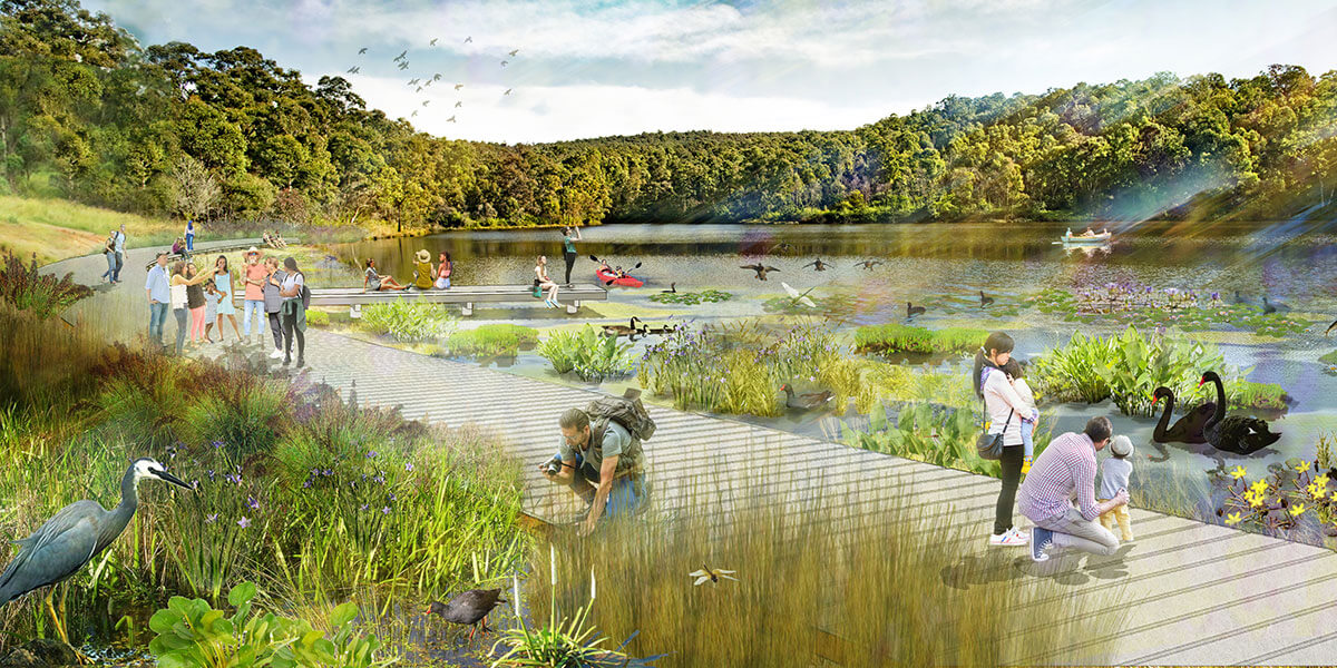 Artist impression of lake with people and birds