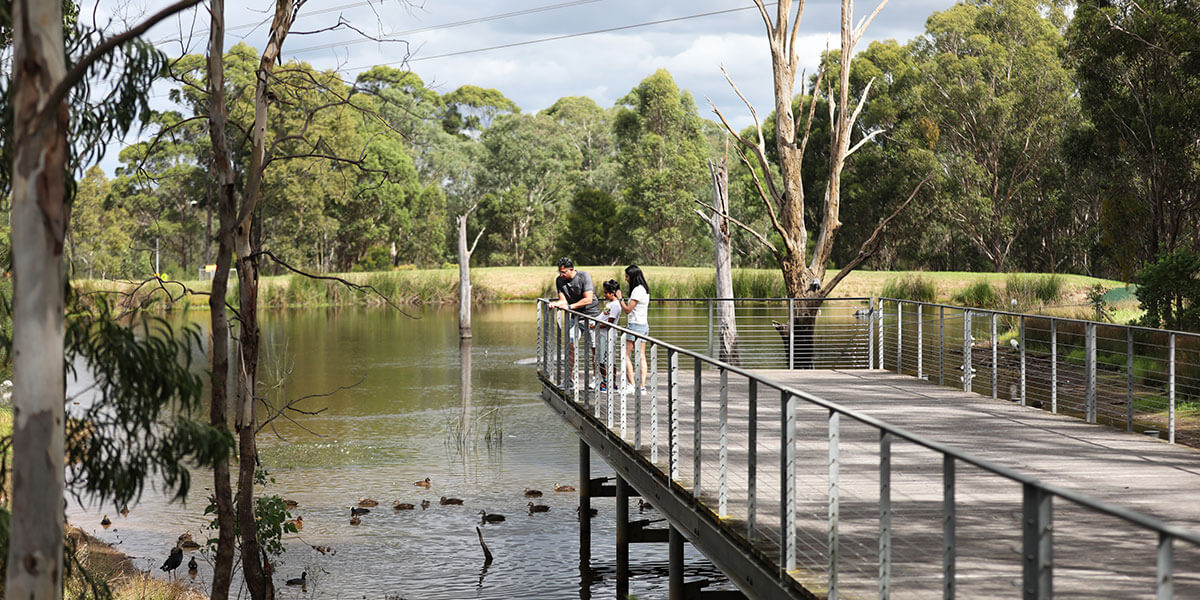 People standing jetty over lake in parklands