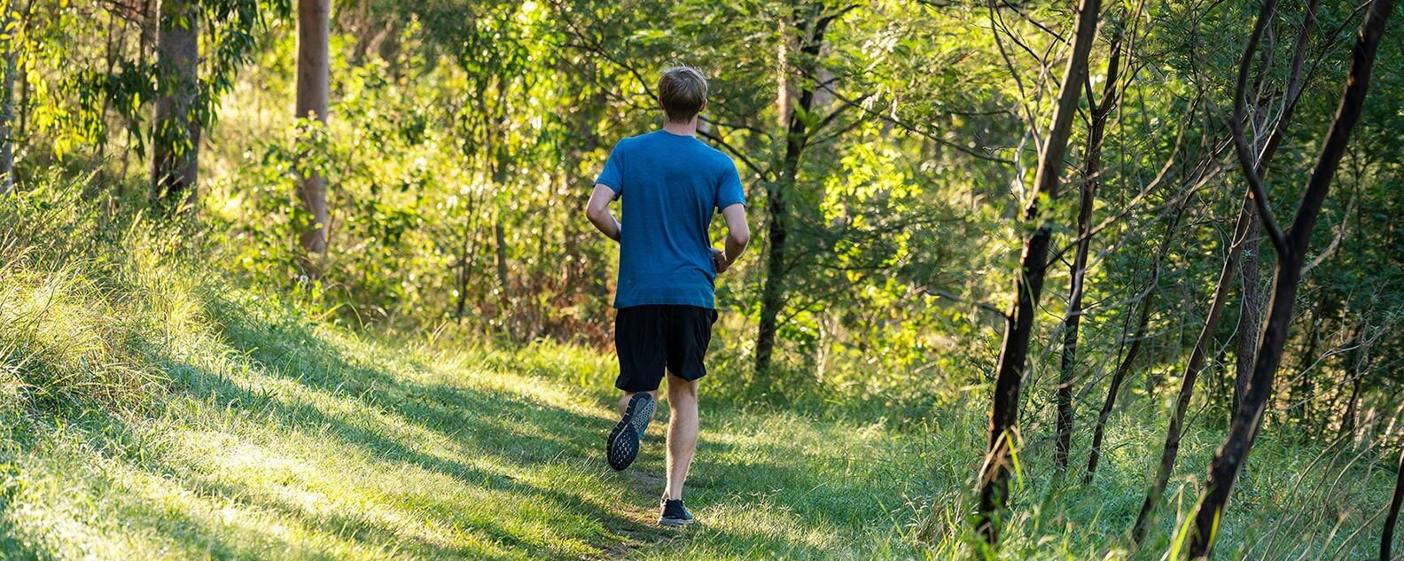 A man jogs along the Spotted Gums Trail, surrounded by tall trees.