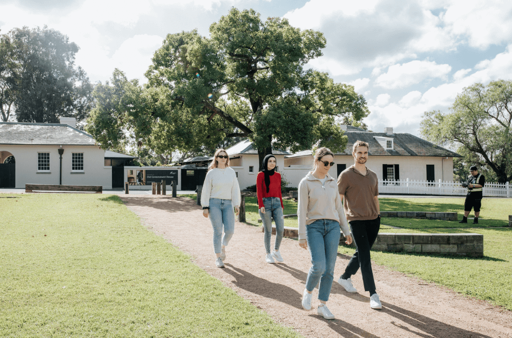 A group of people walking the Parramatta trail.