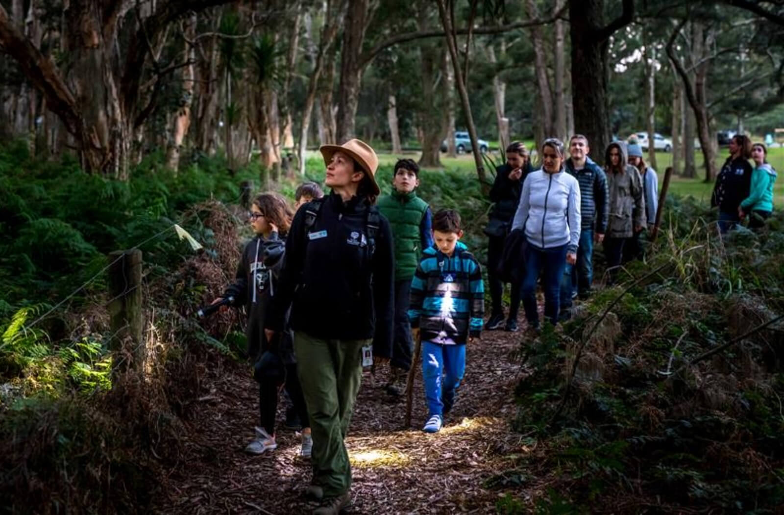 A group of people walking through the park looking for wildlife after dark