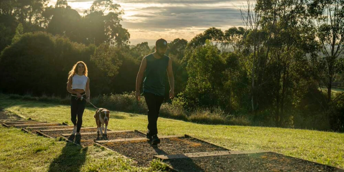 A man and woman with their dog walking up the stairs at Sugarloaf loop
