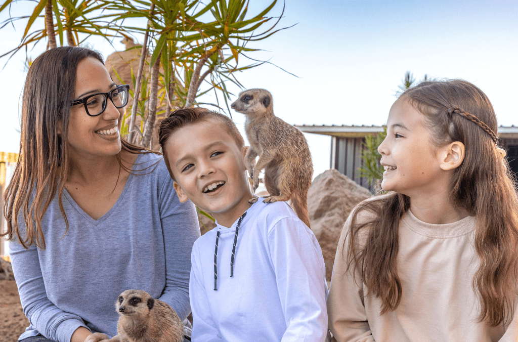 Woman and children with meerkats at Sydney Zoo.